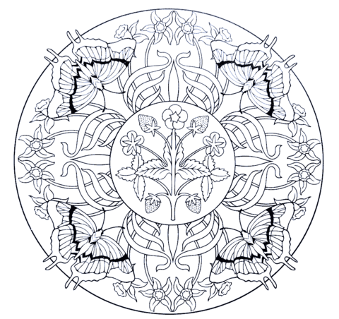 Mandala With Butterflies And Strawberry Coloring Page